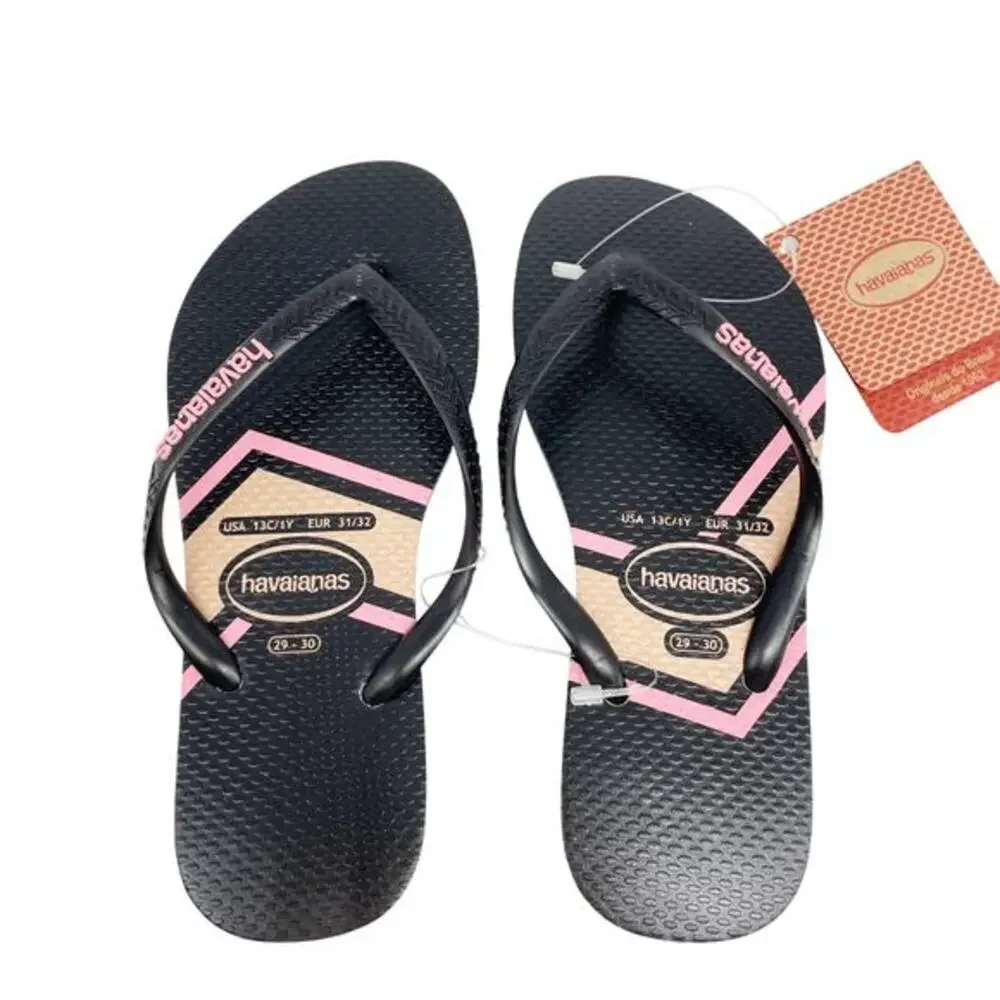 Havaianas Girls' Slim Print Zig Zag Flip-Flop Thongs Black & Pink Size US 13C/1Y